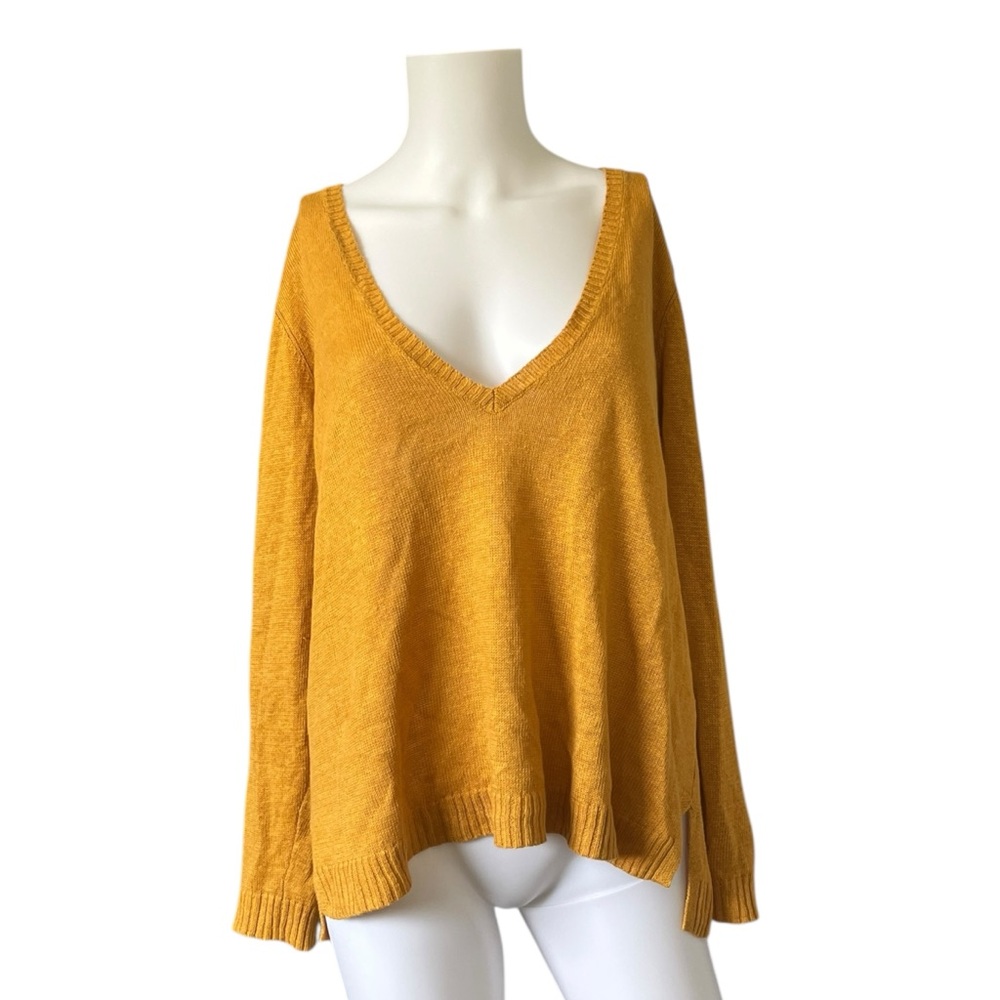 Eileen Fisher Mustard Yellow Organic Linen Sweater V Neck Pullover Size Medium M